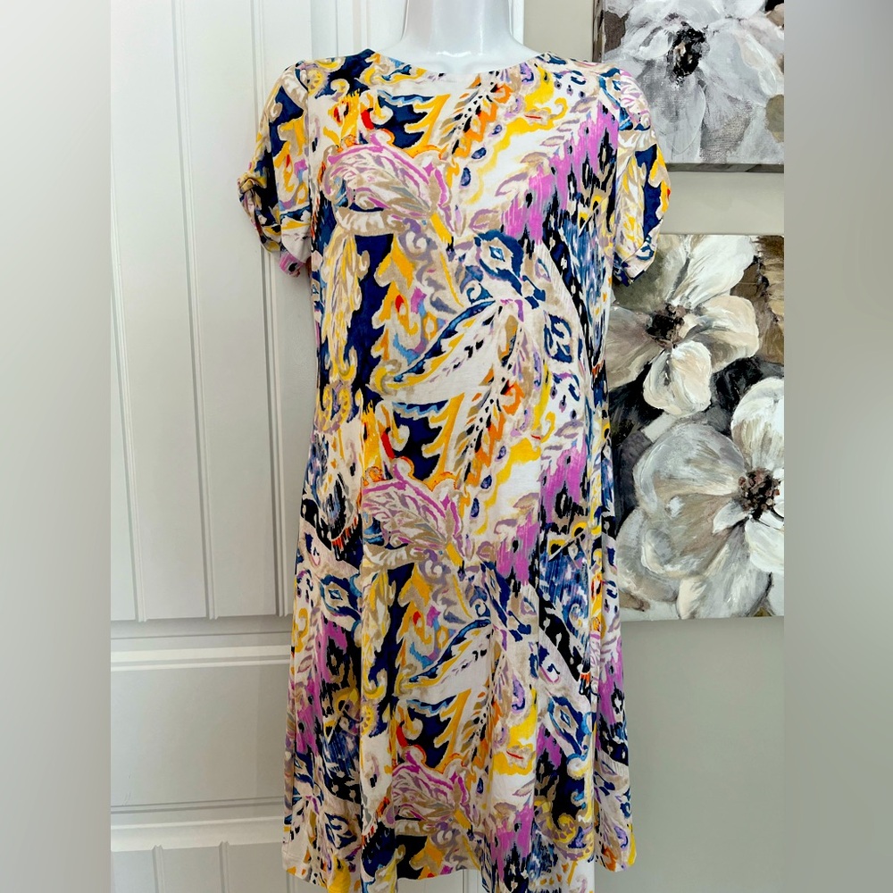 CHICOS FLORAL TWIST SLEEVE STRETCH JERSEY KNIT DRESS SZ 6 - Picture 2 of 10